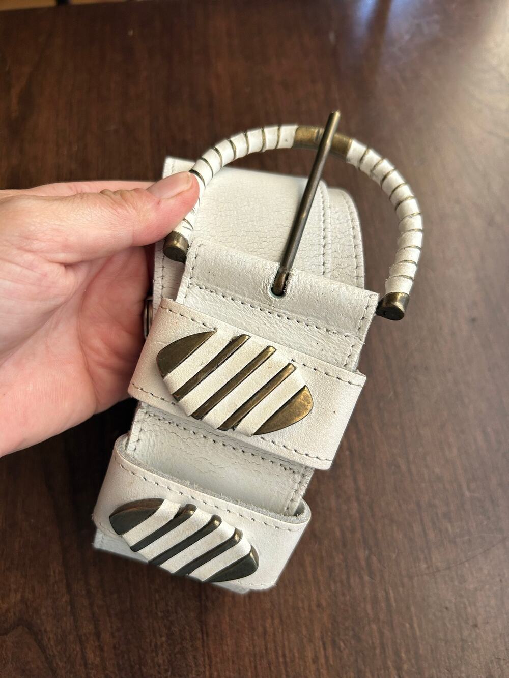 Vintage white leather statement belt brass buckle & details made in France small
